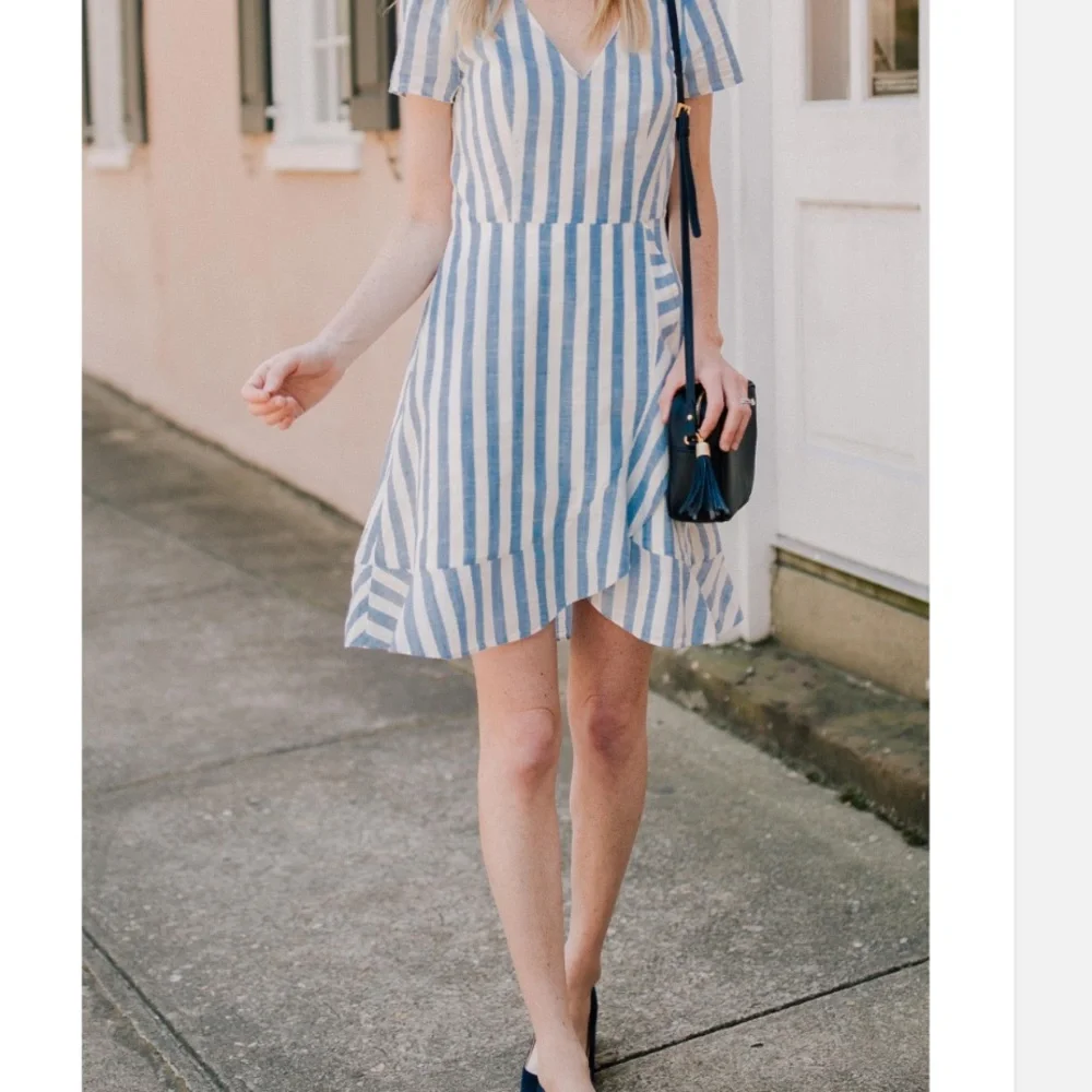 J. Crew Classic Striped Ruffle V-Neck Dress Size 4 Light Blue and Off-White